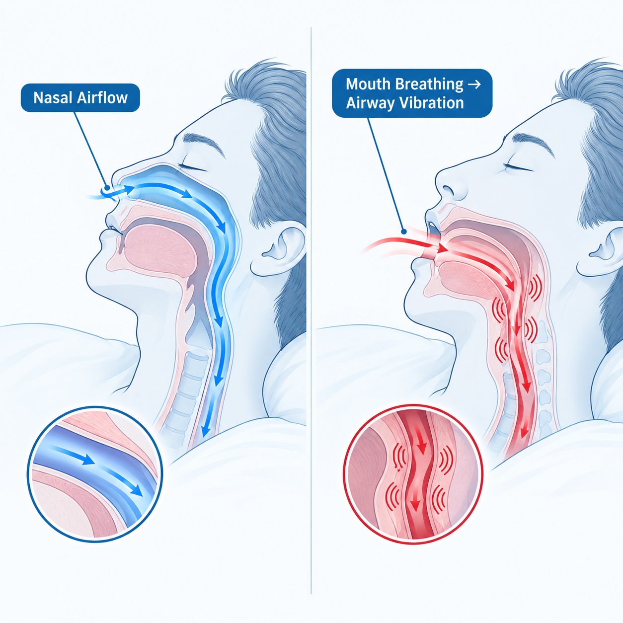 Two side-by-side diagrams of a sleeping man's airway. On the left, blue arrows show air flowing smoothly through the nose. On the right, red arrows show air entering through the open mouth, making the airway tissue vibrate.